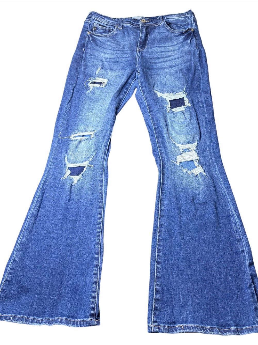 Kancan Super Flare Medium Wash Womens Jeans Size 29” Blue Distressed Stretch